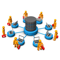 Cartoon showing a database in the middle with people with laptops surrounding it