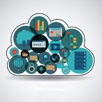 Cartoon illustration of a cloud with many devices within