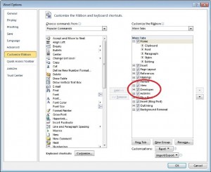 Screen shot of the customize ribbon dialog in Word showing the developer tab selection
