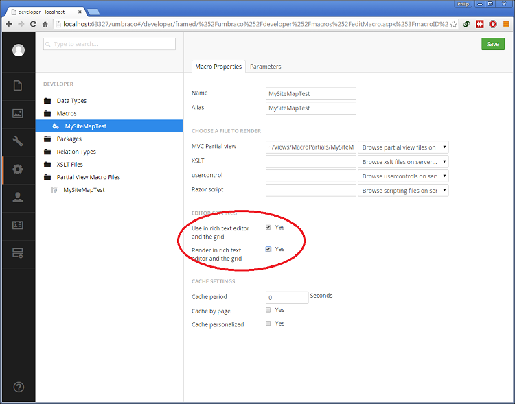 Setting the Editor Settings for the Partial View Macro