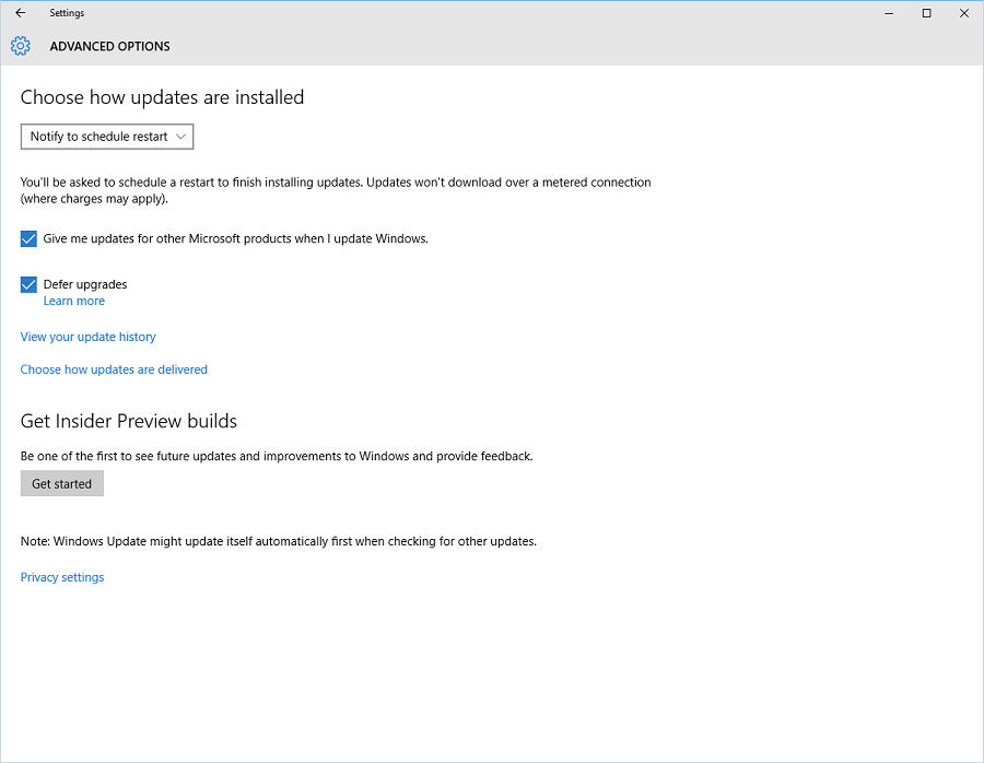 Screen print of Windows Update Settings on Windows 10